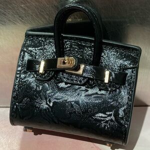 👜Handmade Genuine Leather Mini Gloss Black Floral Birkin Textured Tote Bag Charm